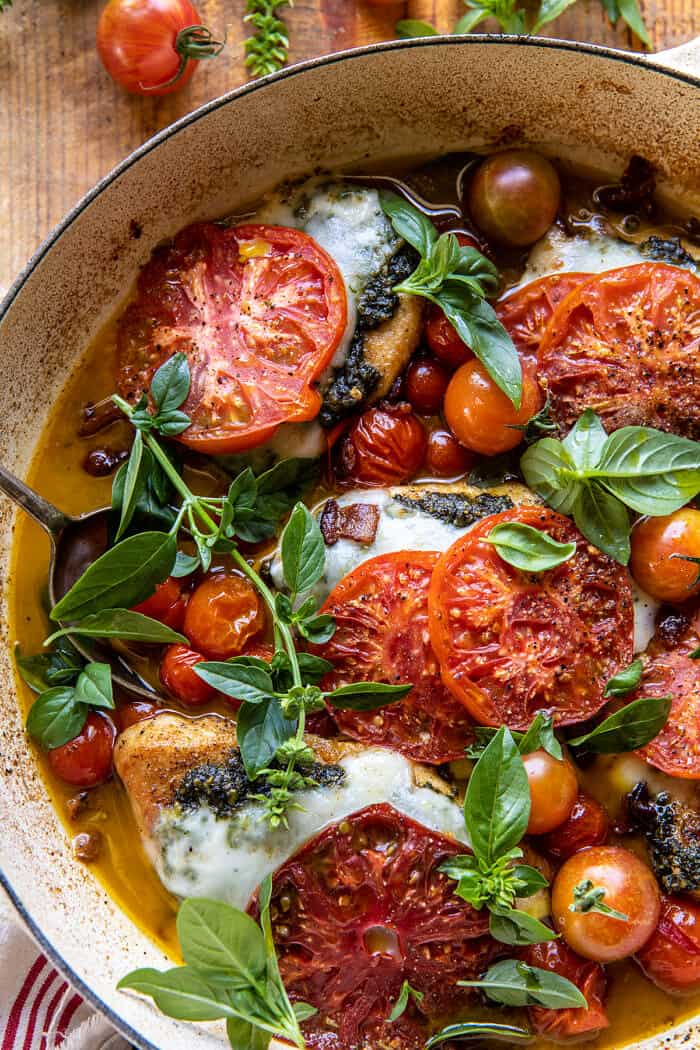 Pesto Caprese Chicken in White Wine Pan Sauce | halfbakedharvest.com Pesto Caprese Chicken in White Wine Pan Sauce | halfbakedharvest.com