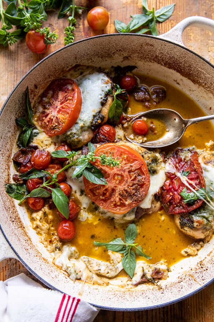 Pesto Caprese Chicken in White Wine Pan Sauce | halfbakedharvest.com Pesto Caprese Chicken in White Wine Pan Sauce | halfbakedharvest.com