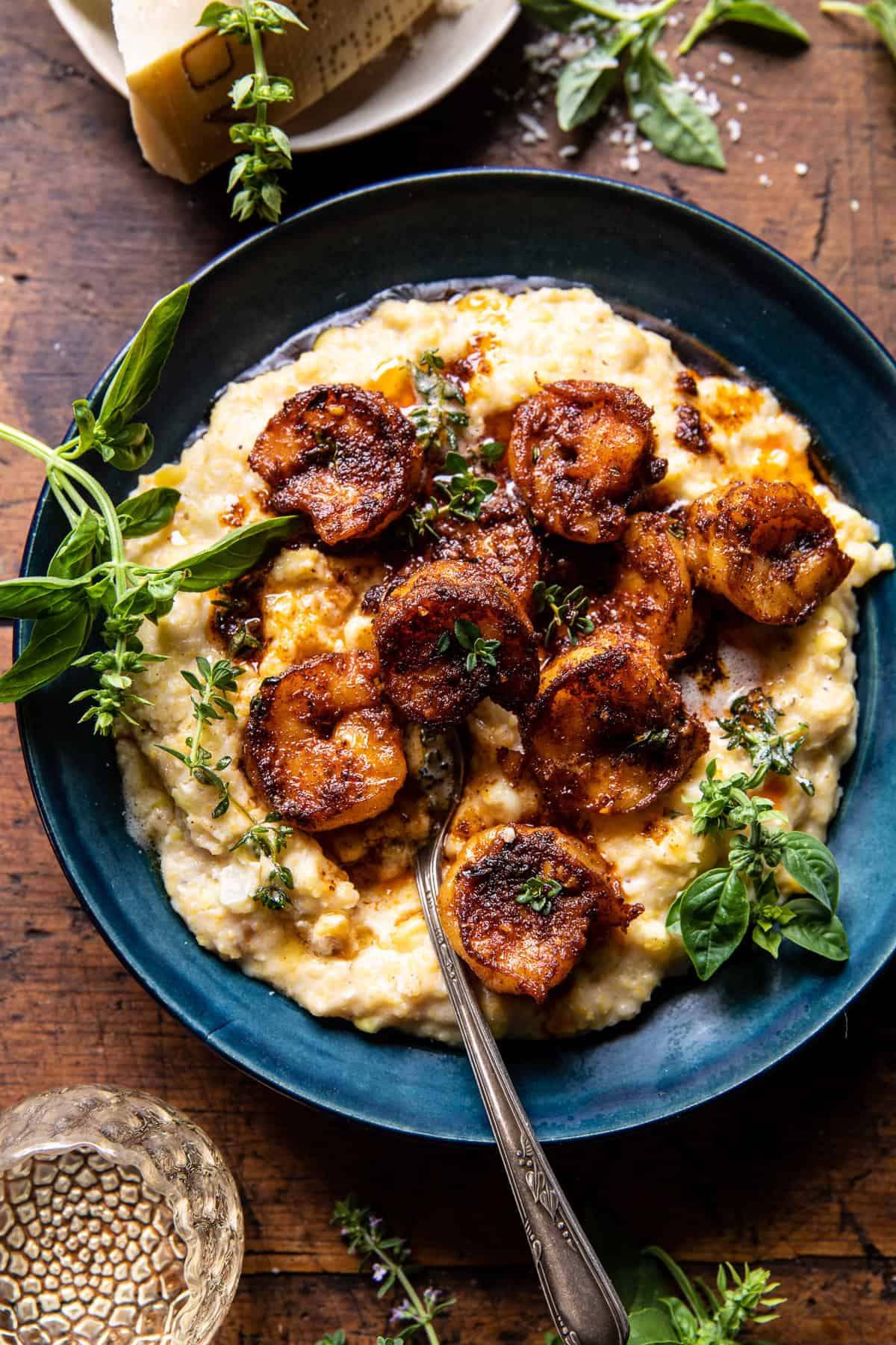 Spicy Garlic Lemon Butter Shrimp with Parmesan Corn Polenta | halfbakedharvest.com