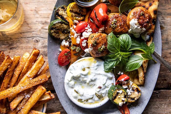 Spicy Oregano Meatballs with Grilled Vegetables and Tzatziki | halfbakedharvest.com Spicy Oregano Meatballs with Grilled Vegetables and Tzatziki | halfbakedharvest.com