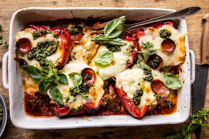 Spicy Pesto Cheese Stuffed Roasted Red Peppers | halfbakedharvest.com