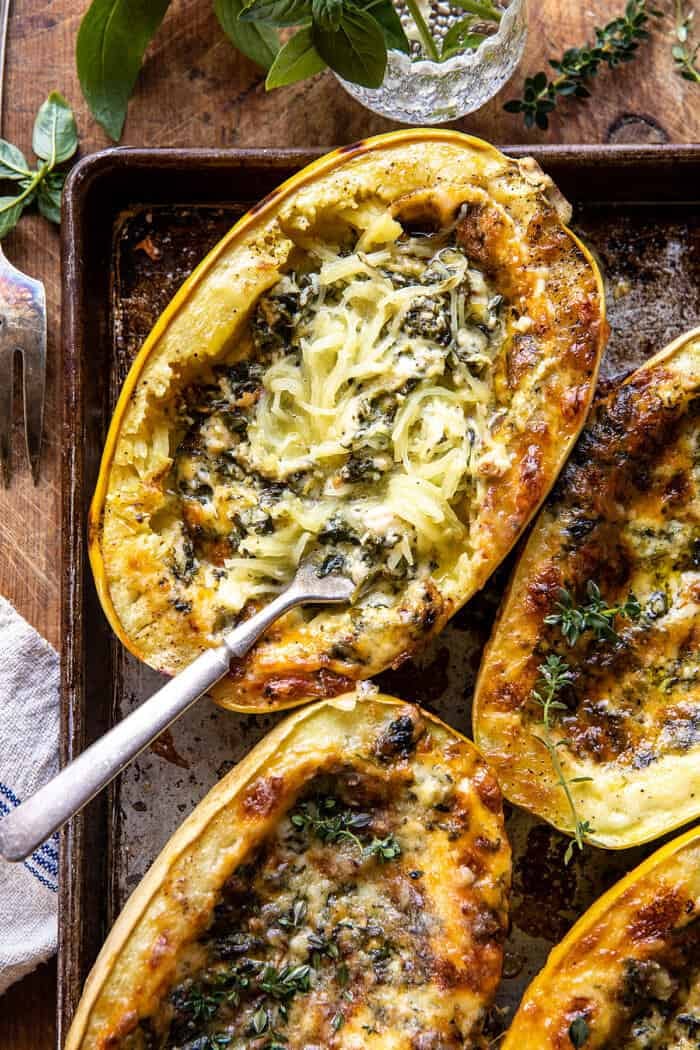 4 Cheese Roasted Garlic Alfredo Stuffed Spaghetti Squash | halffbakedharvest.com