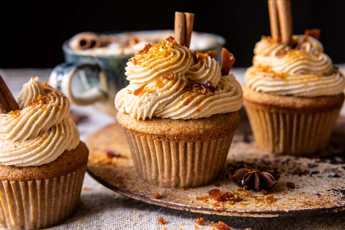 Chai Latte Cupcakes with Caramel Brûlée Frosting | halfbakedharvest.com
