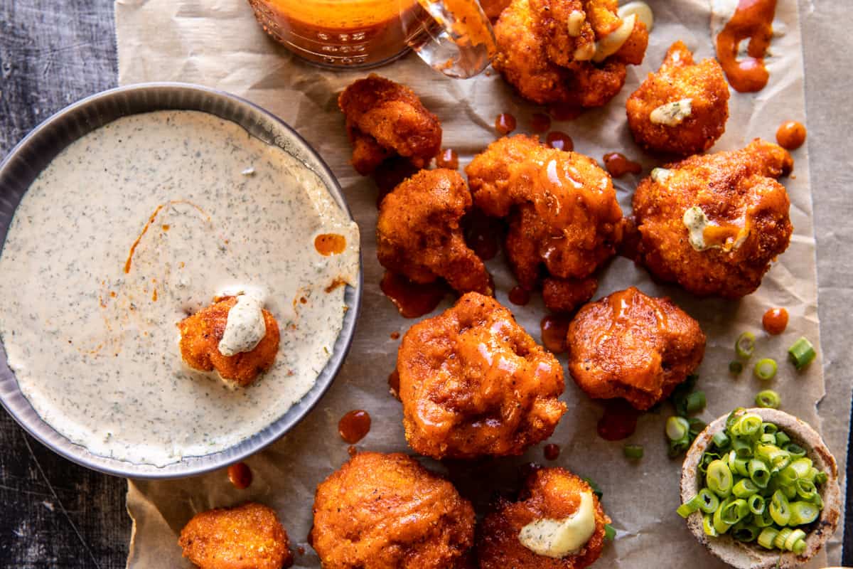 Buffalo Cauliflower with Spicy Tahini Ranch | halfbakedharvest.com