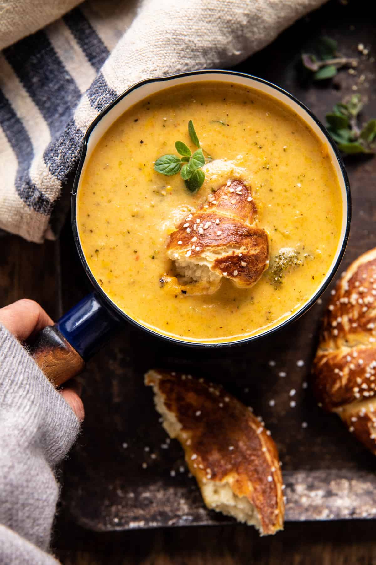 Lighter Creamy Broccoli Cheddar Soup | halfbakedharvest.com
