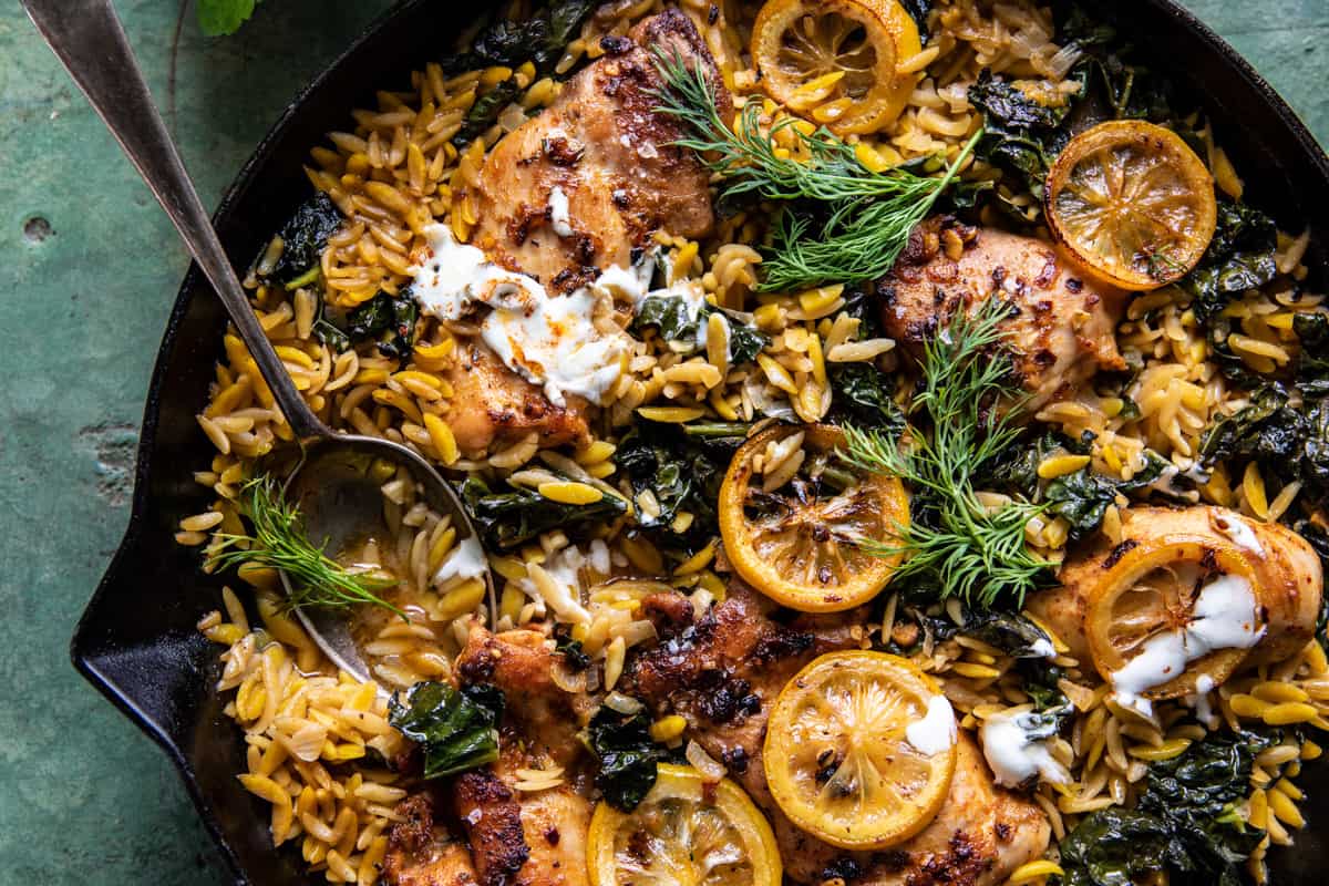 One Skillet Lemon Butter Dijon Chicken and Orzo with Feta Sauce | halfbakedharvest.com