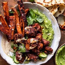 Sheet Pan Lemon Chicken with Sweet Potatoes and Avocado Goddess Sauce | halfbakedharvest.com