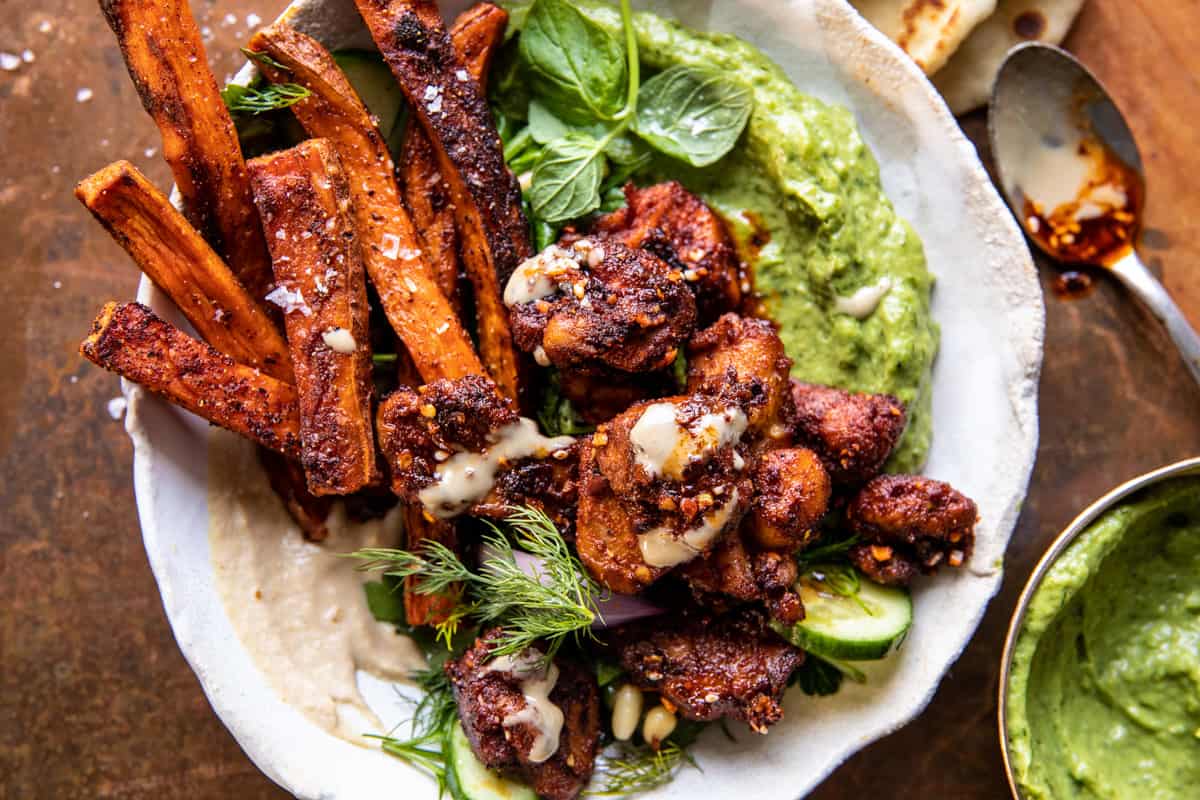 Sheet Pan Lemon Chicken with Sweet Potatoes and Avocado Goddess Sauce | halfbakedharvest.com