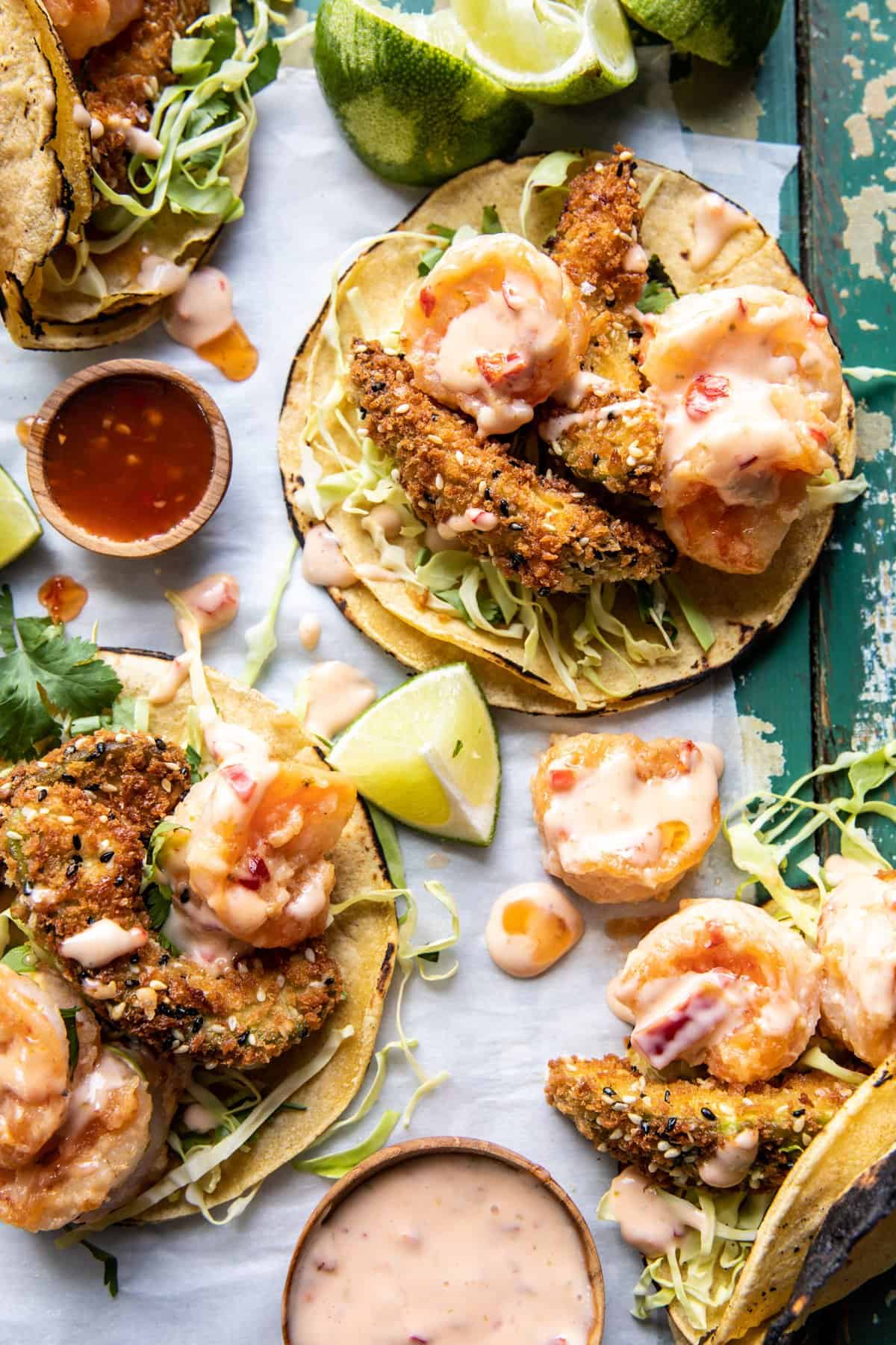 Bang Bang Shrimp Tacos with Fried Avocado | halfbakedharvest.com