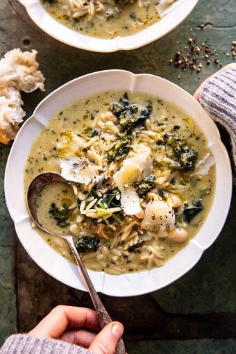 Creamy White Bean Lemon Pesto Orzo Soup | halfbakedharvest.com