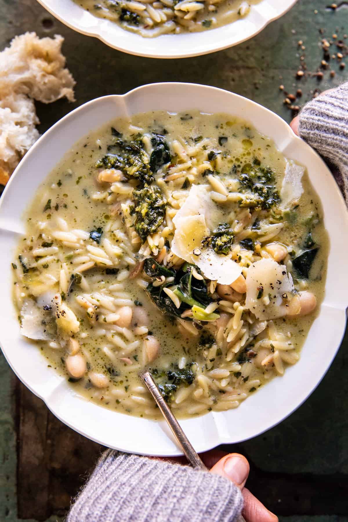 Creamy White Bean Lemon Pesto Orzo Soup | halfbakedharvest.com