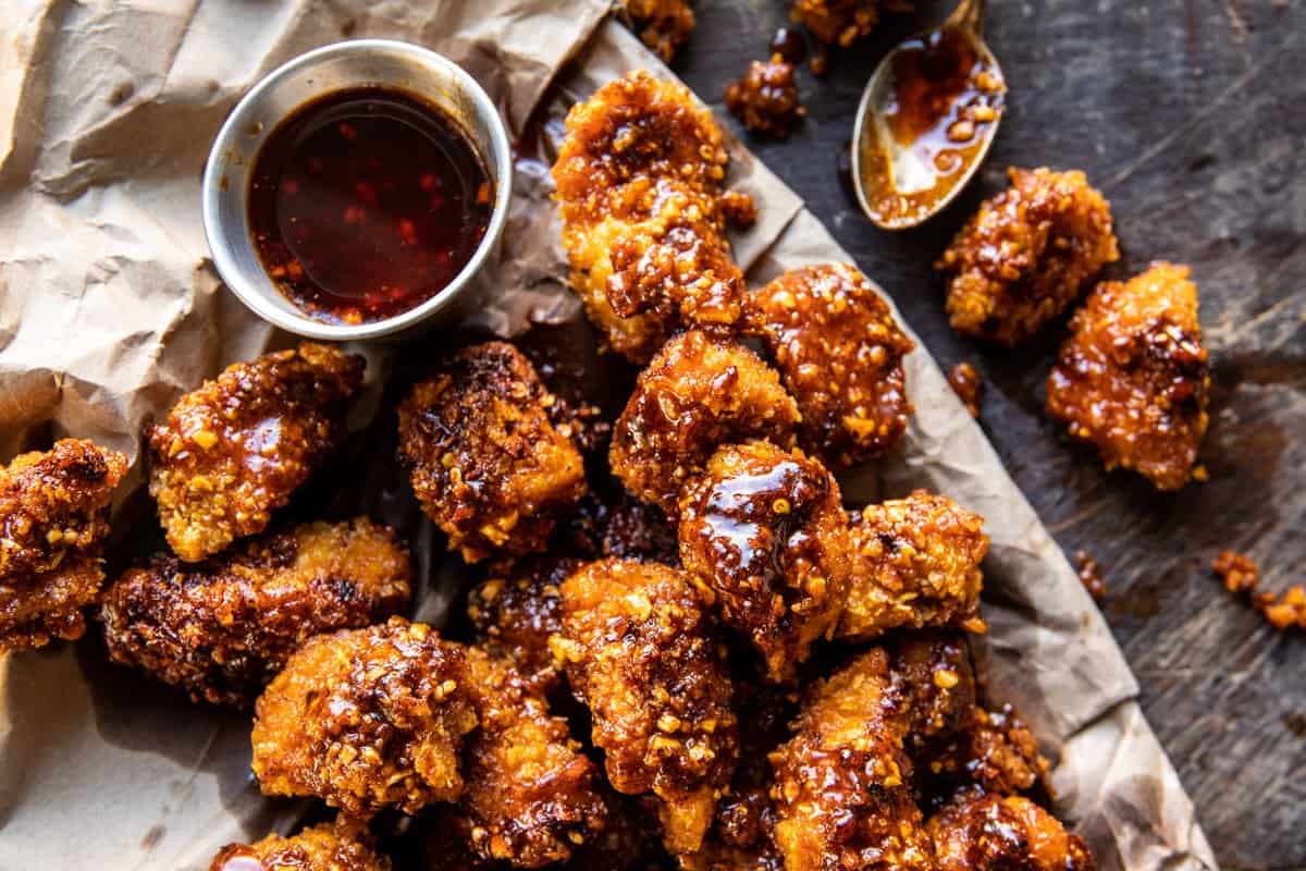 Oven Fried Southern Hot Honey Popcorn Chicken | halfbakedharvest.com