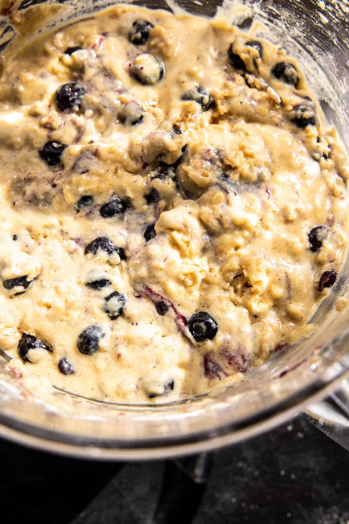blueberry muffin batter in mixing bowl