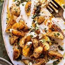 Crispy Oregano Roasted Potatoes with Creamy Feta Sauce | halfbakedharvest.com