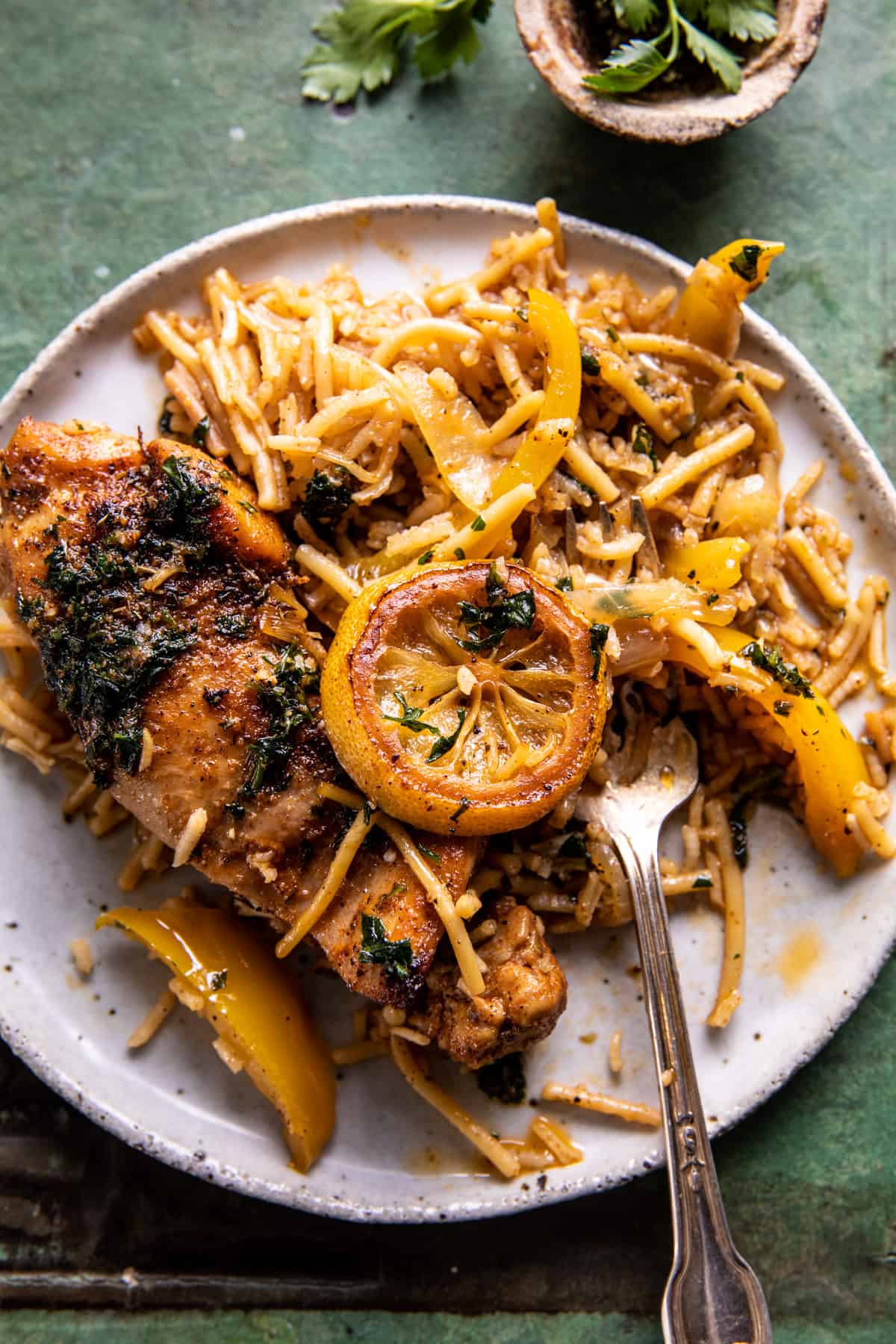 chicken and rice on plate with fork