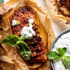 beauty shot of salmon in parchment, very zoomed in