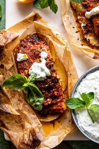 beauty shot of salmon in parchment, very zoomed in