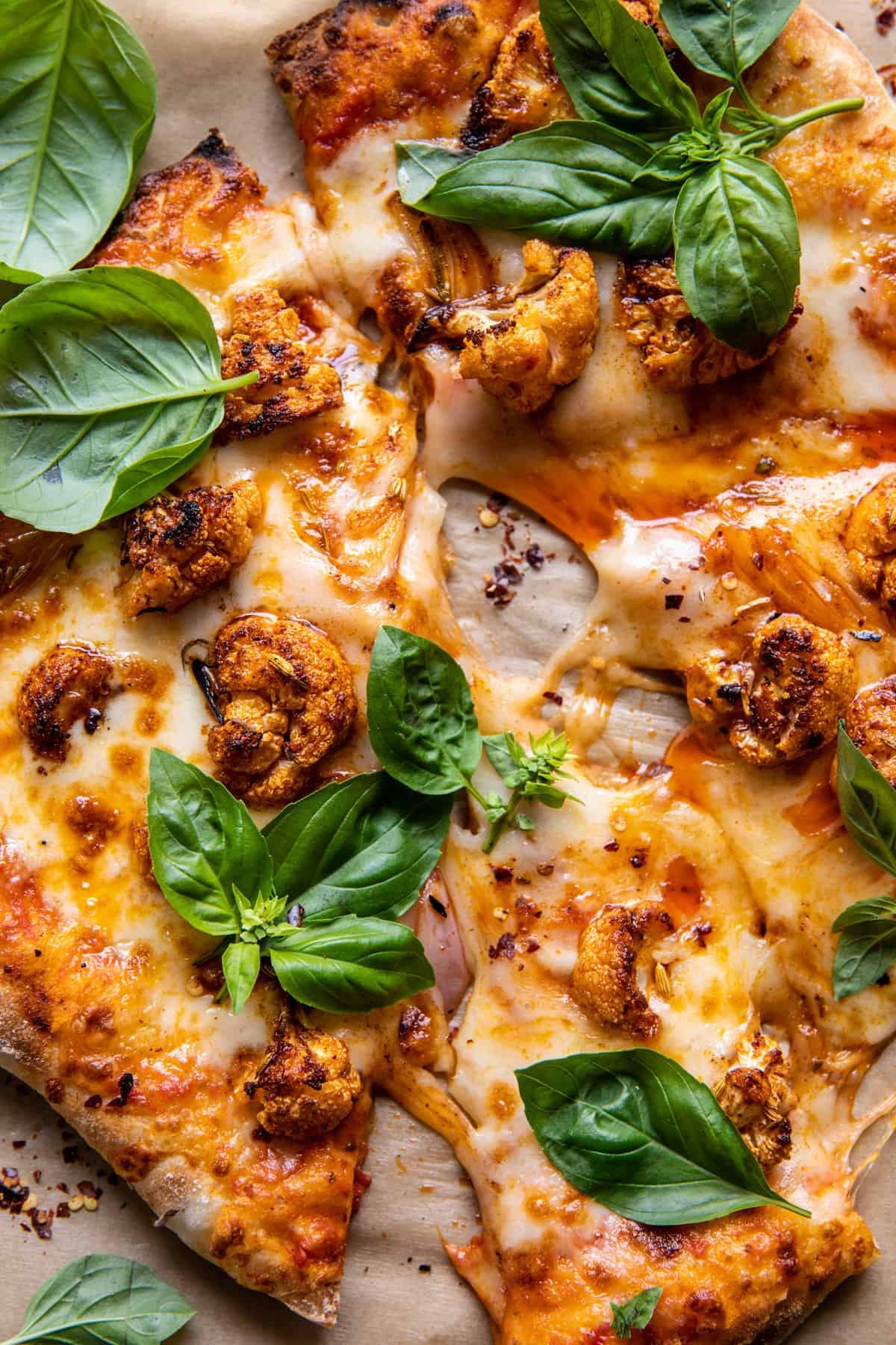 overhead, zoomed in photo of pizza