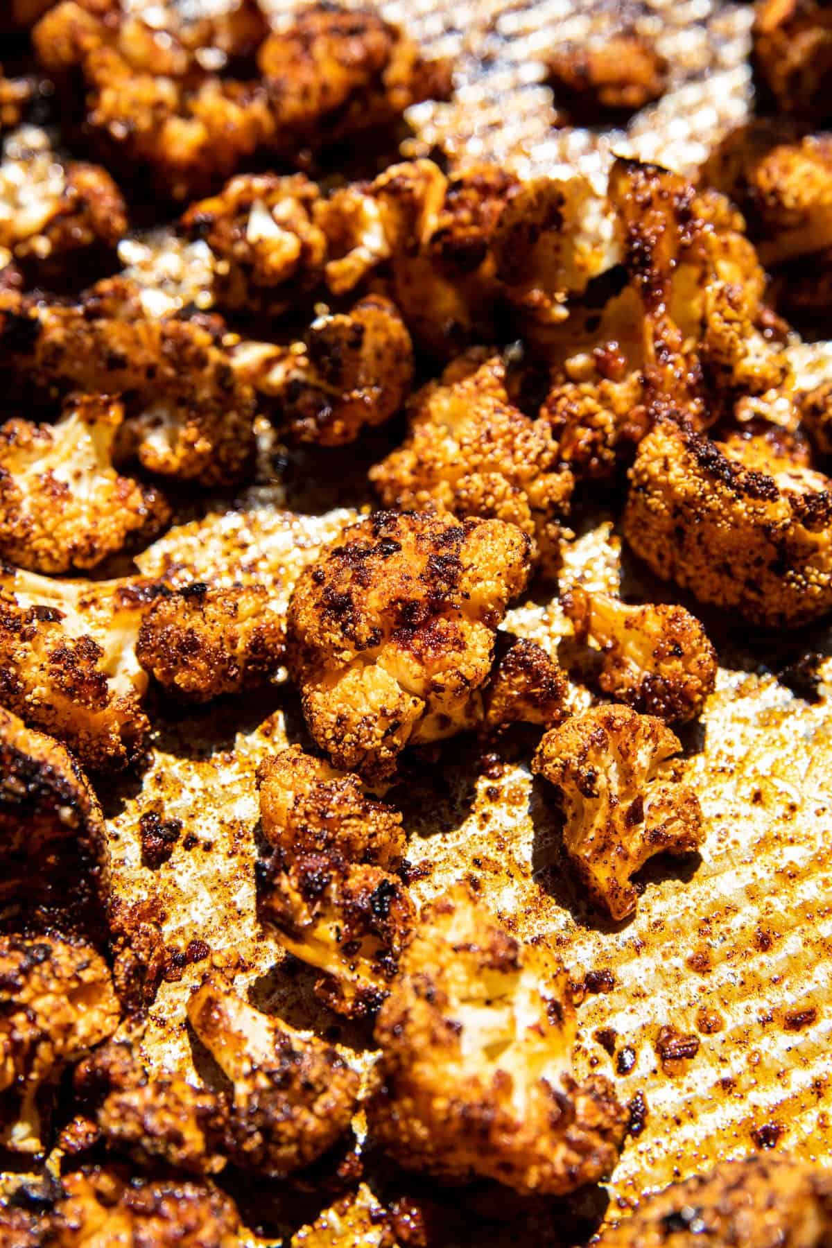 cauliflower on baking sheet after roasting 