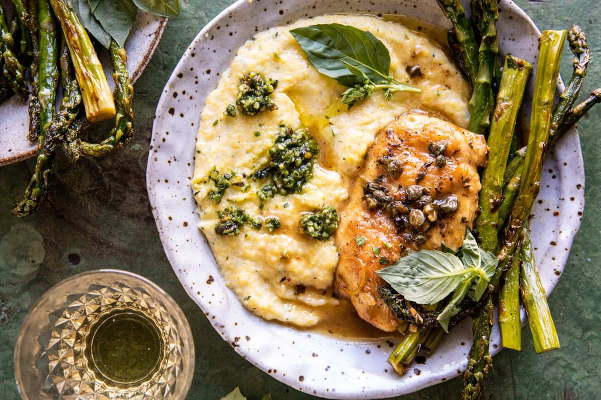 chicken with polenta, asparagus, and wine