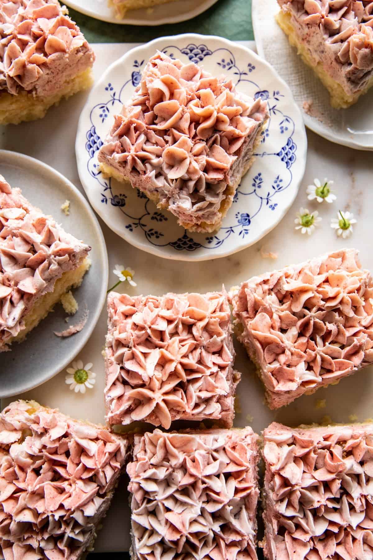overhead photo of lemon cake cute into square pieces 