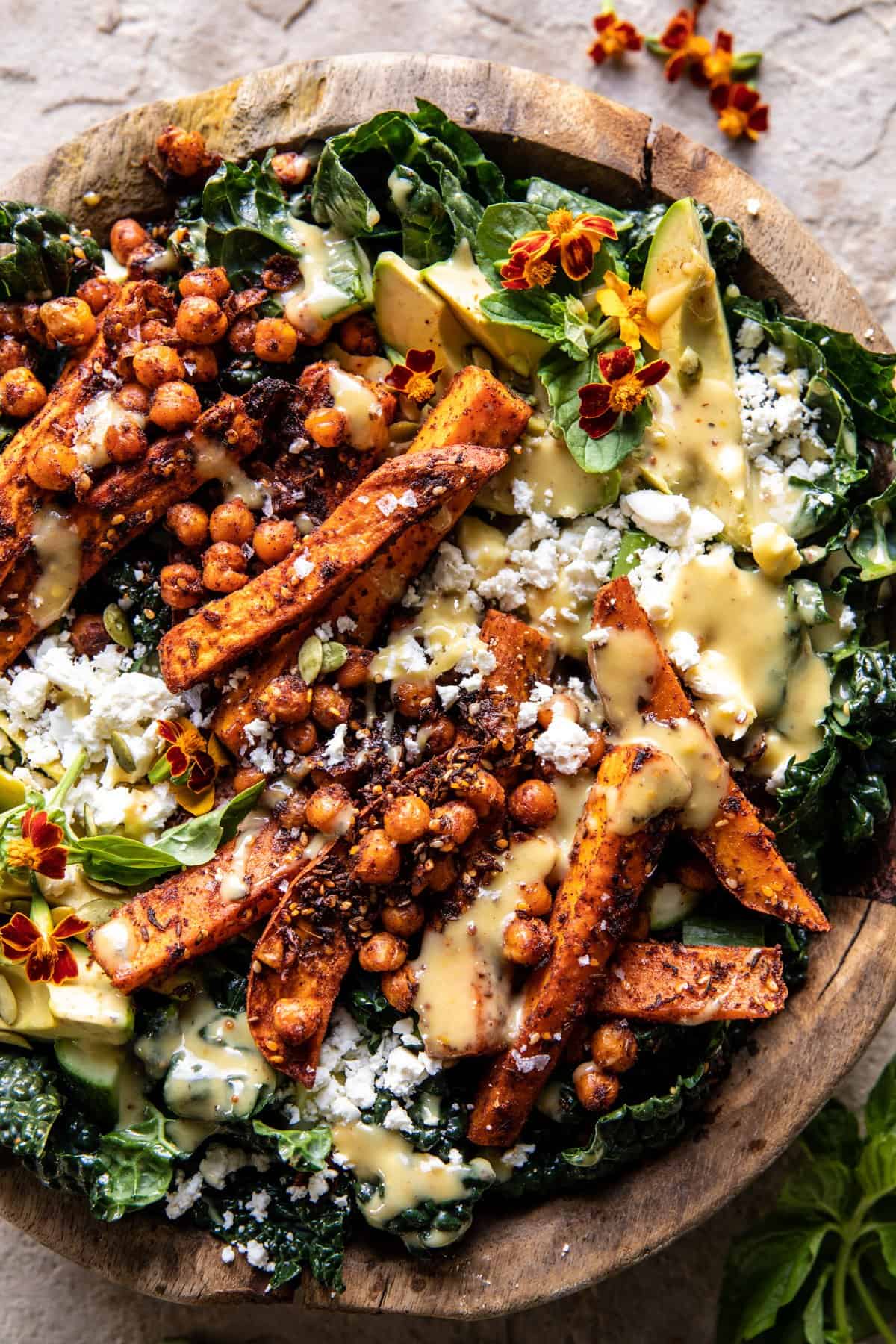 Sweet Potato Kale Salad with Creamy Honey Mustard Dressing | halfbakedharvest.com