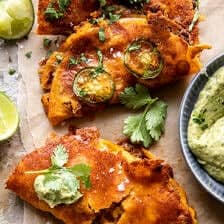 Crispy Cheese Chicken Tacos with Avocado Cilantro Sauce | halfbakedharvest.com
