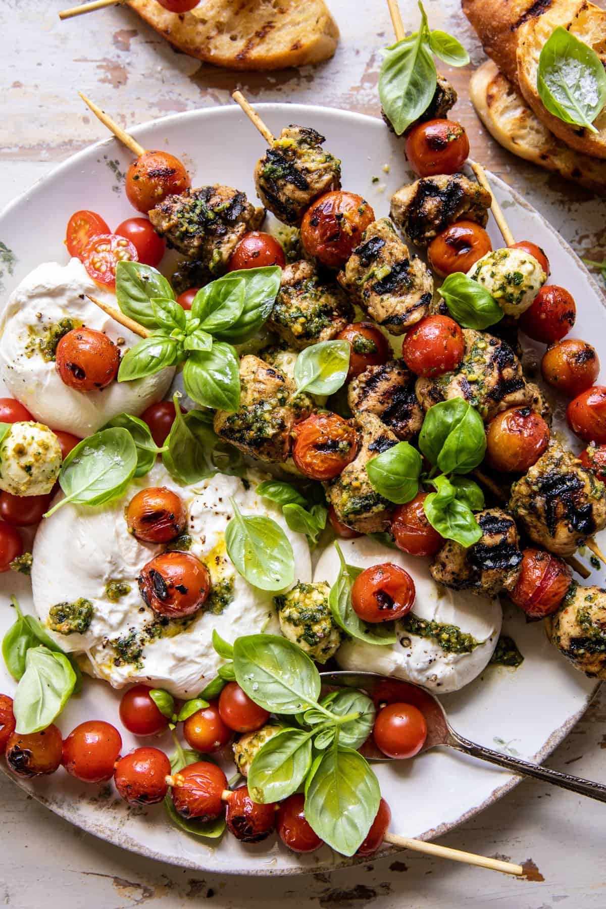 Grilled Caprese Pesto Chicken Skewers | halfbakedharvest.com