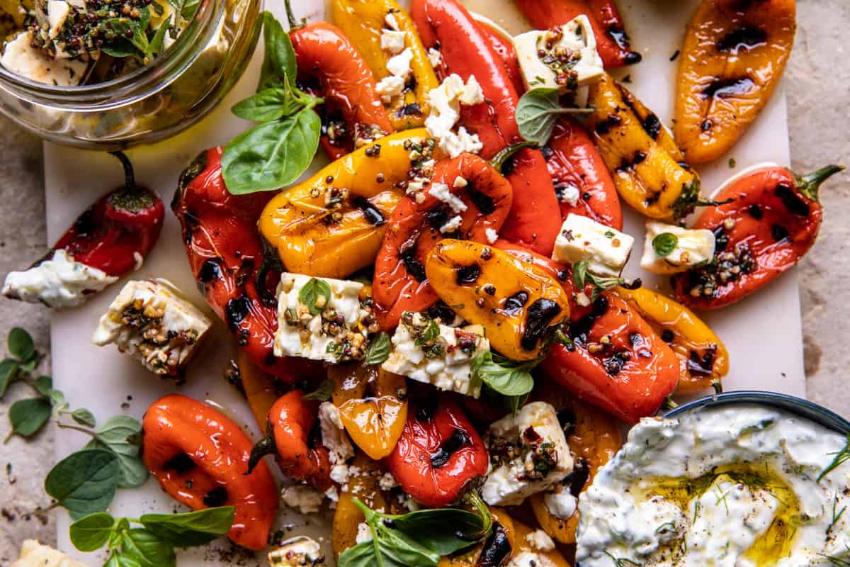 Charred Peppers with Marinated Feta and Tzatziki | halfbakedharvest.com