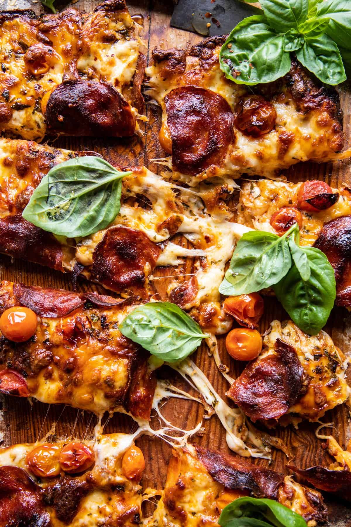 Detroit Style Tomato Herb Pepperoni Pizza | halfbakedharvest.com