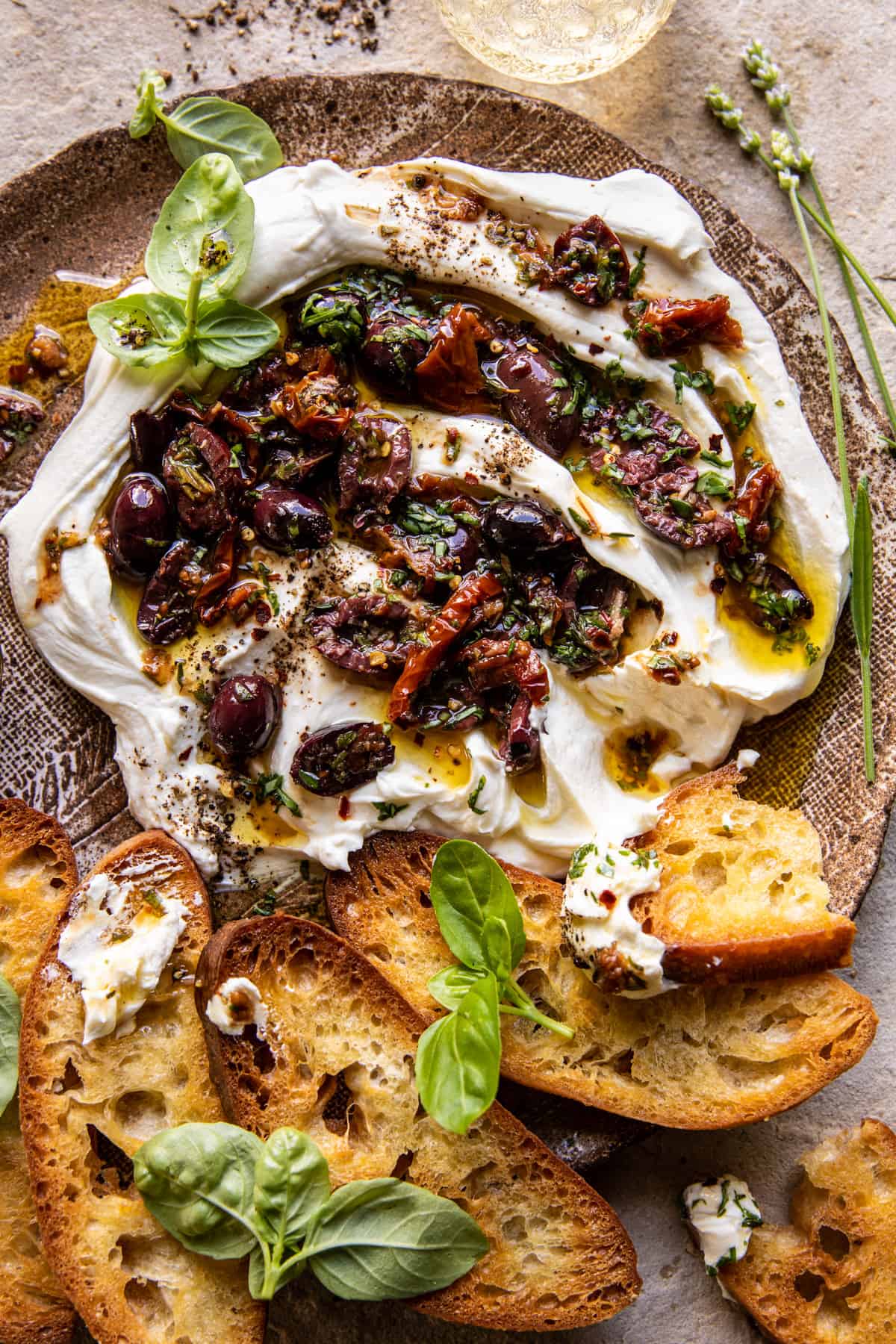 Honey Whipped Goat Cheese with Marinated Olives | halfbakedharvest.com