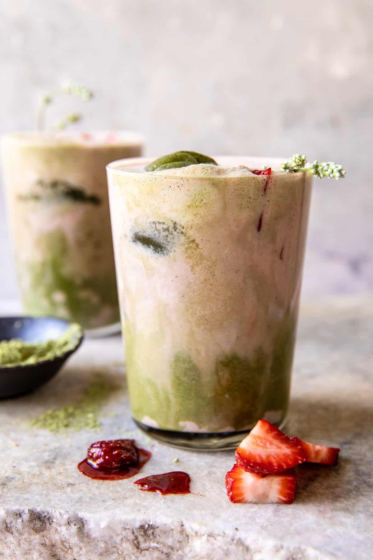 Iced Strawberry Milk Matcha Latte | halfbakedharvest.com