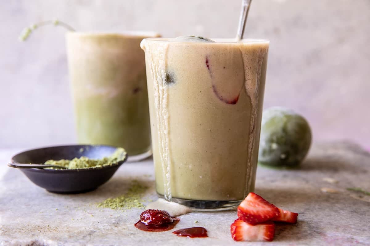 Iced Strawberry Milk Matcha Latte | halfbakedharvest.com