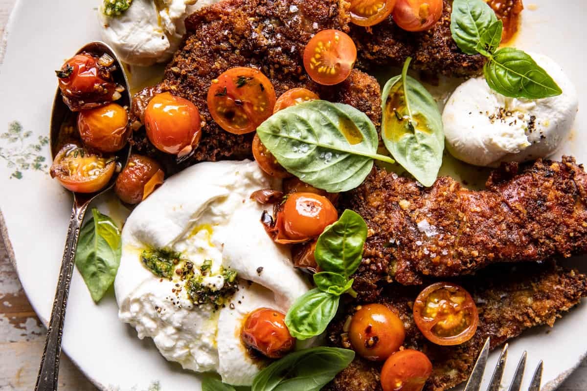 Pesto Chicken Saltimbocca with Burst Tomatoes and Burrata | halfbakedharvest.com