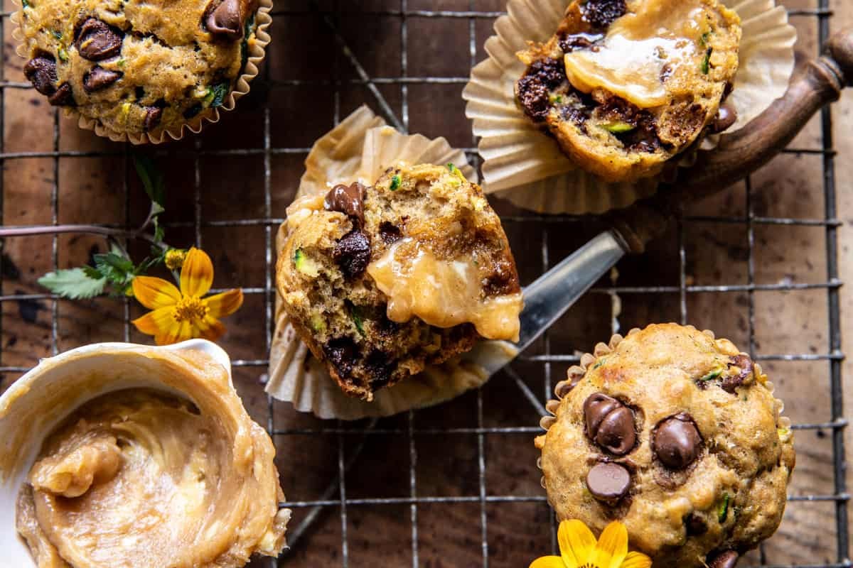 Chocolate Chip Zucchini Banana Muffins with Cinnamon Honey Butter | halfbakedharvest.com