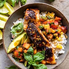 Crispy BBQ Salmon Bowls with Roasted Jalapeño Peach Salsa | halfbakedharvest.com