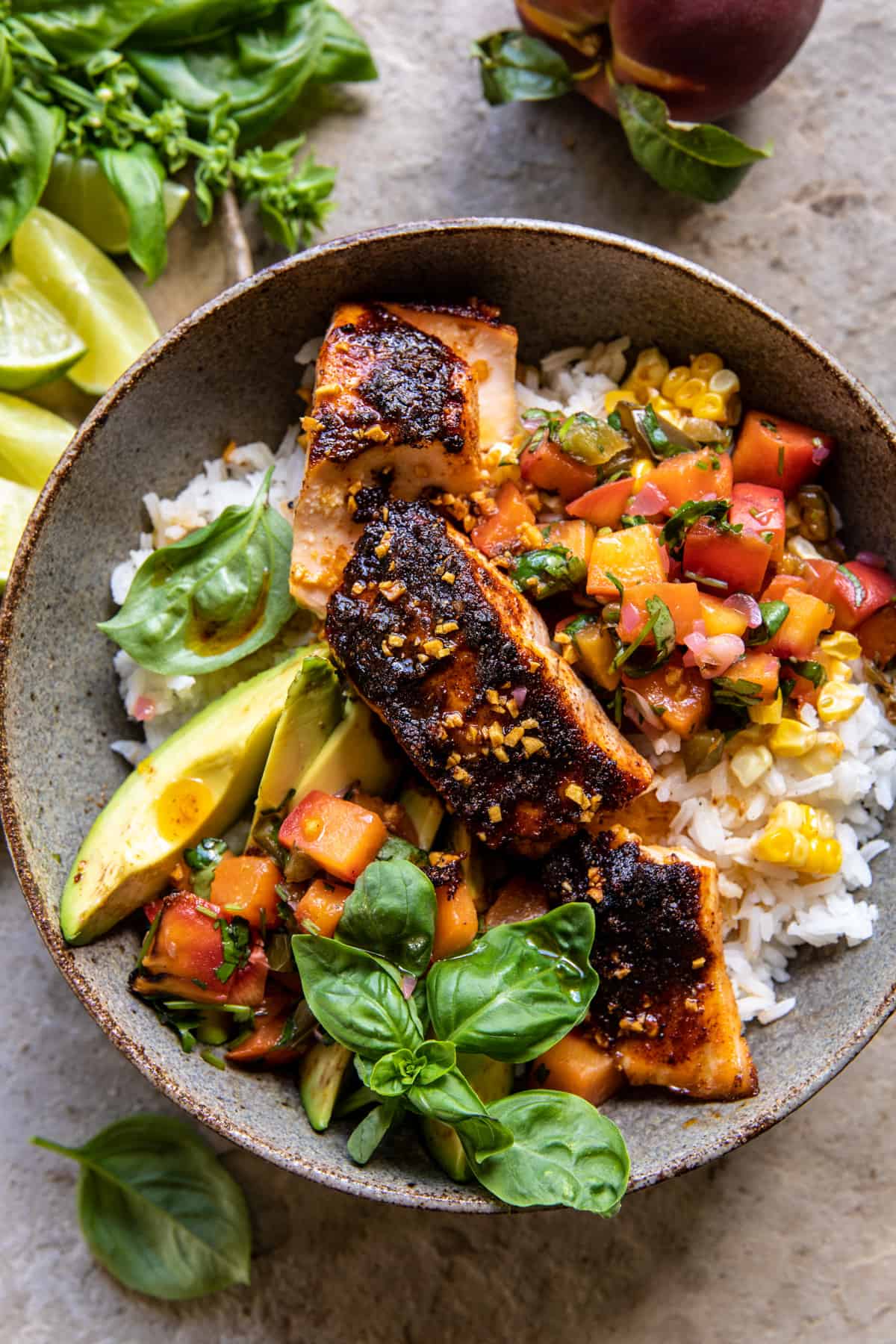Crispy BBQ Salmon Bowls with Roasted Jalapeño Peach Salsa | halfbakedharvest.com 