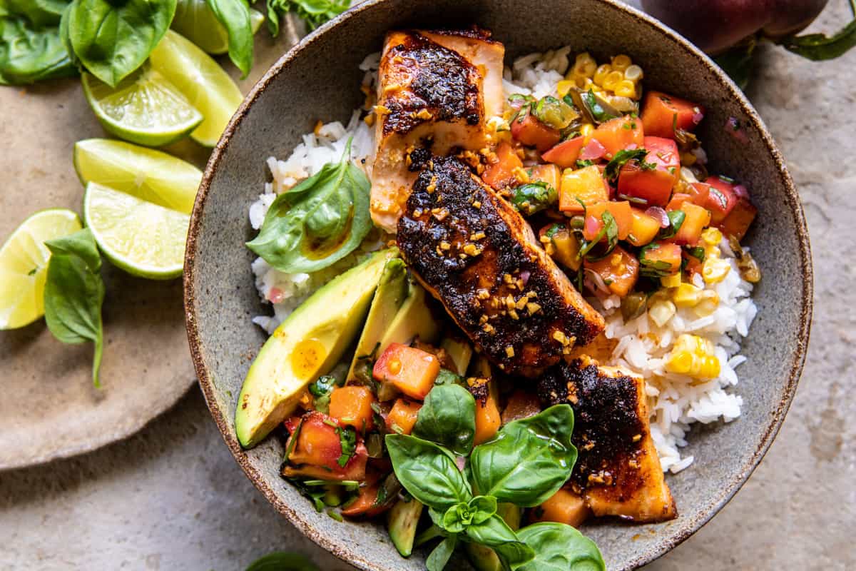 Crispy BBQ Salmon Bowls with Roasted Jalapeño Peach Salsa | halfbakedharvest.com 