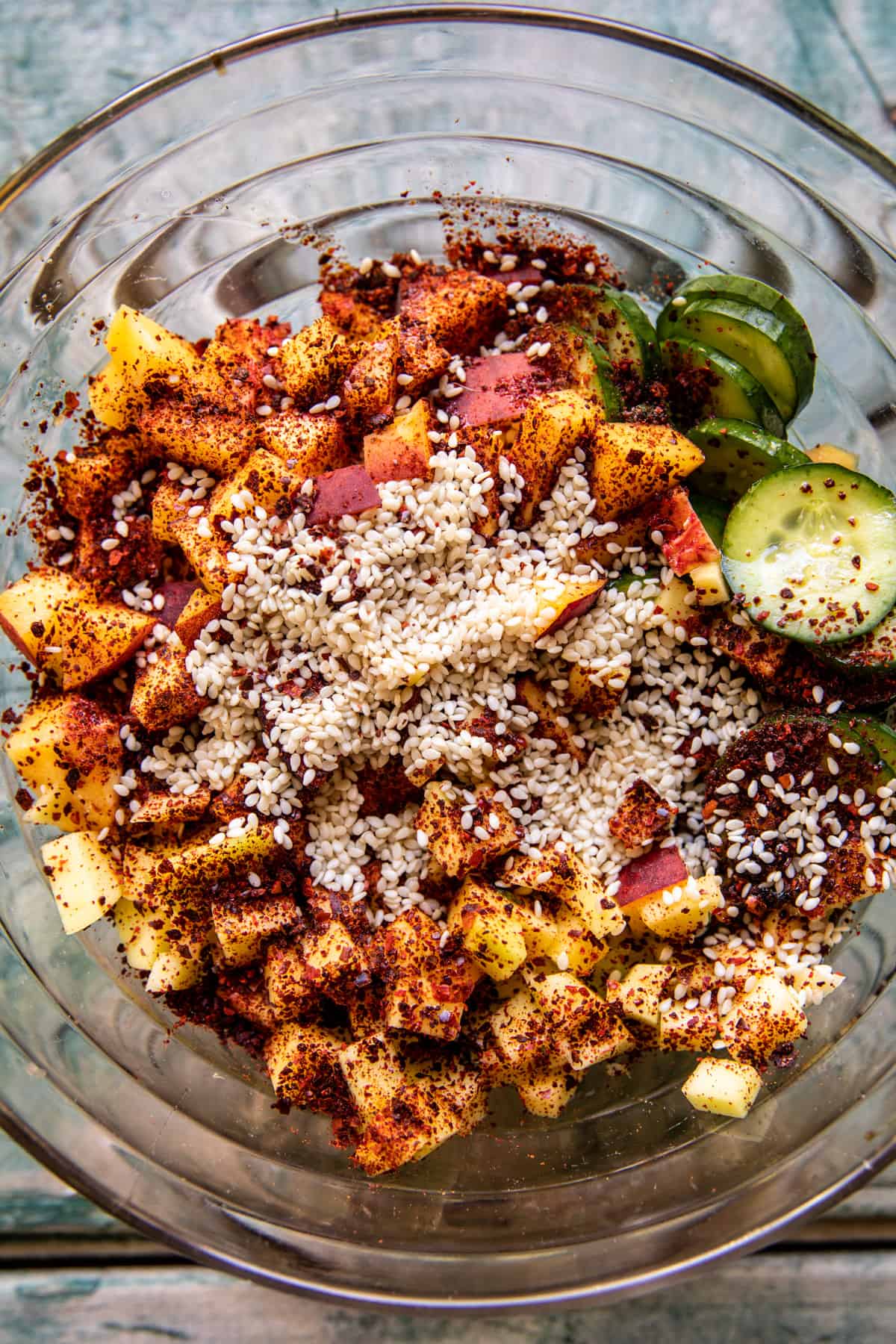 Sweet and Spicy Sesame Meatball Bowl with Mango Cucumber Salad | halfbakedharvest.com