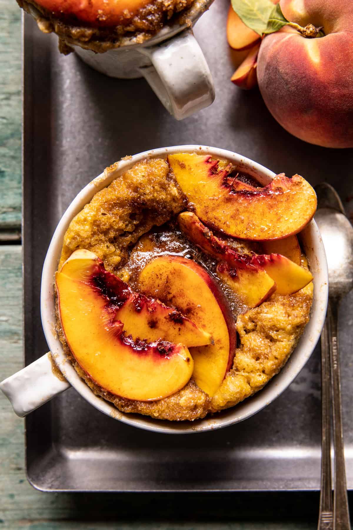 10 Minute Gooey Vanilla Peach Mug Cake | halfbakedharvest.com