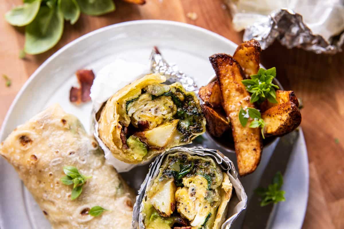 Cheesy Pesto Avocado Bacon Breakfast Burrito | halfbakedharvest.com