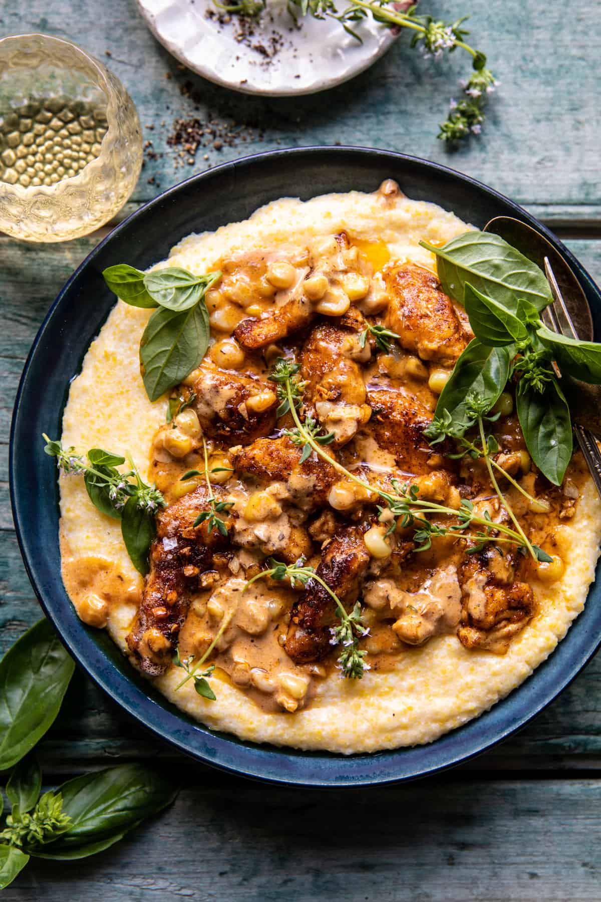 Creamy Garlic Corn Chicken with Cheesy Polenta | halfbakedharvest.com
