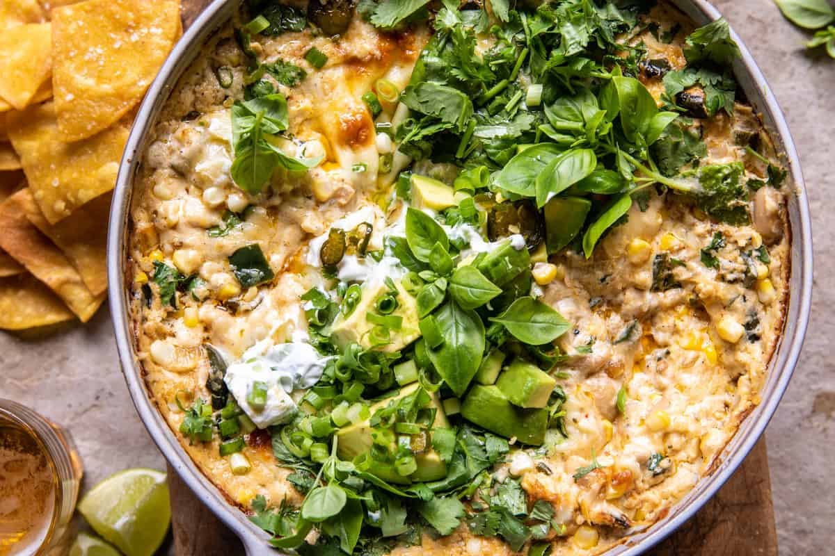 Easy White Chicken Chili Corn Dip | halfbakedharvest.com