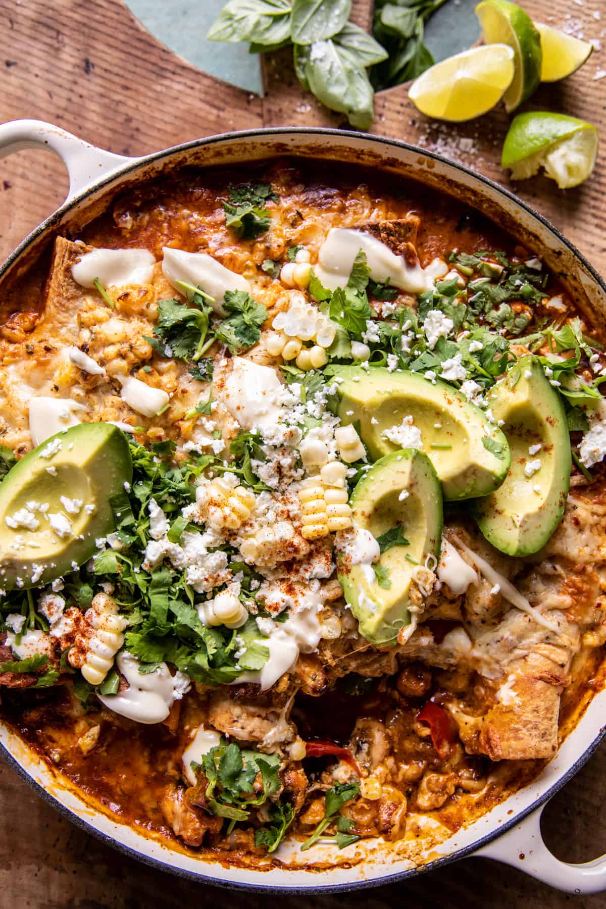 One Skillet Street Corn Chicken Enchilada Bake | halfbakedharvest.com