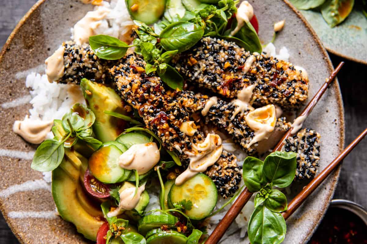 Spicy Ginger Sesame Crusted Salmon Bowls | halfbakedharvest.com