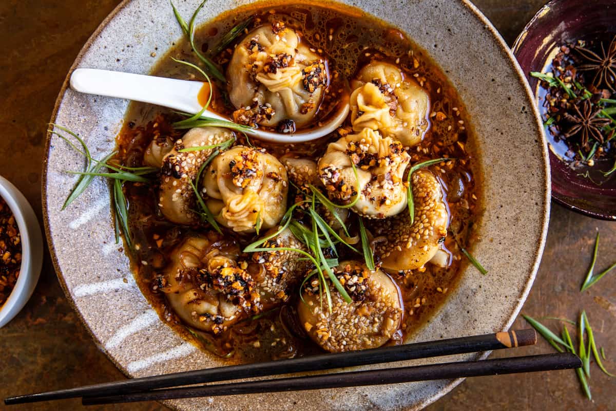 Chili Crisp Butternut Squash Dumplings in Ginger Soy Broth | halfbakedhavrest.com