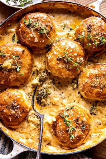 Creamy Broccoli Cheddar Casserole with Garlic Butter Pretzels | halfbakedharvest.com