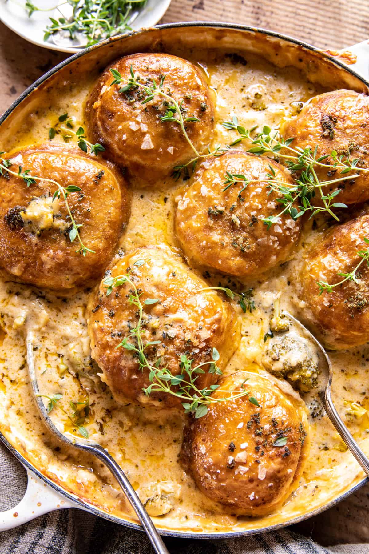 Creamy Broccoli Cheddar Casserole with Garlic Butter Pretzels | halfbakedharvest.com