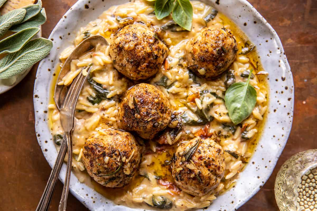 Crockpot Garlic Butter Chicken Meatballs with Creamy Orzo | halfbakedharvest.com