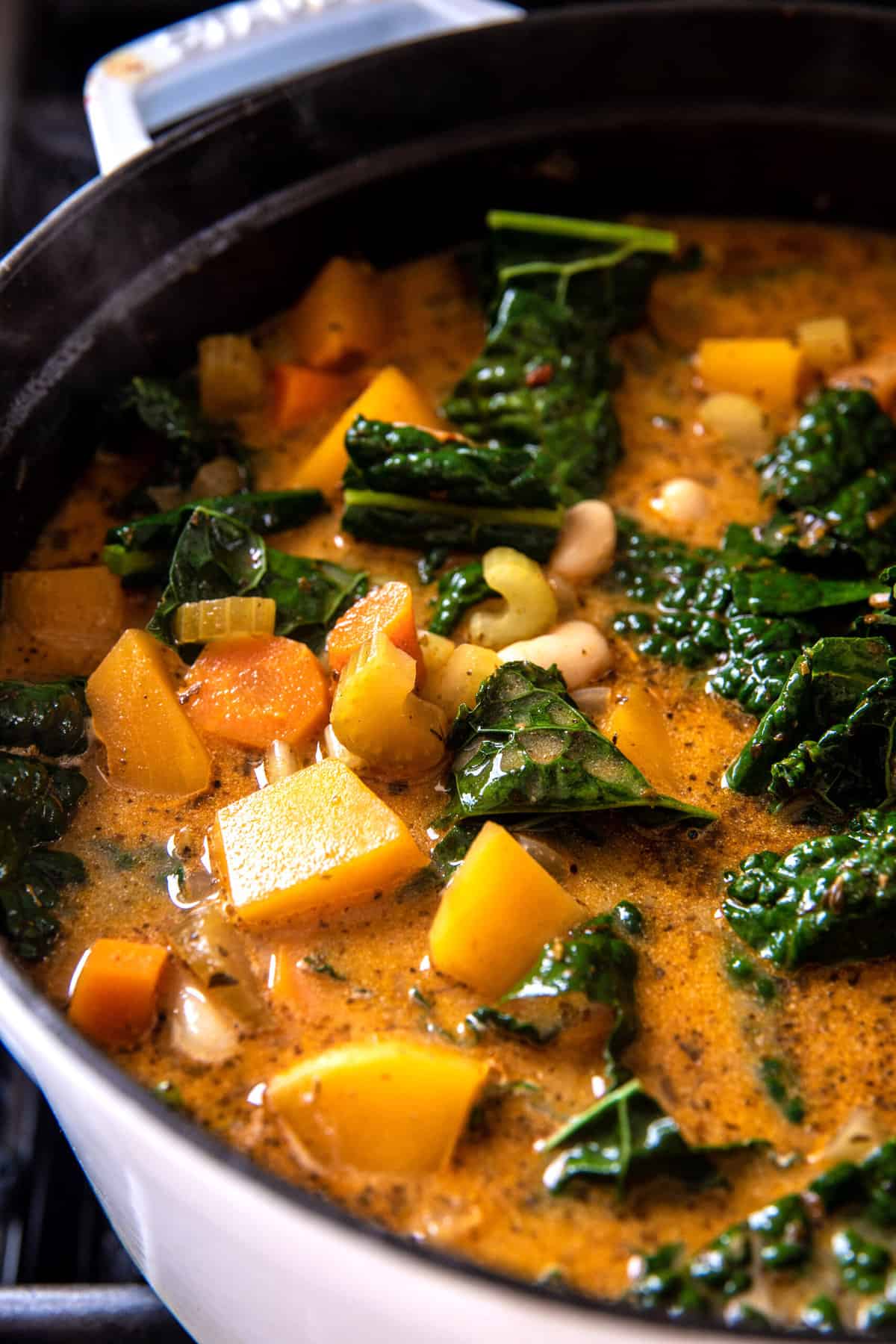 Slow Cooker Creamy White Bean Noodle Soup with Rosemary Bacon | halfbakedharvest.com